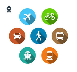 Fototapeta premium Transport color icons. Walk man, Bike, Airplane, Public bus, Train, Ship/Ferry and auto signs. Shipping delivery symbol. Air mail delivery sign. Flat shadow. Vector