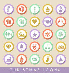 Set of Christmas Icons on Circular Colored Buttons. Vector Isolated Elements.