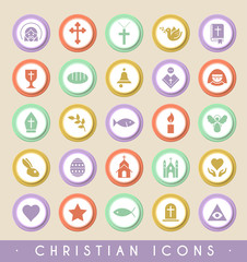 Set of Christian Icons on Circular Colored Buttons. Vector Isolated Elements.