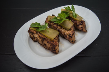 Delicious baked pork ribs, top view. Close-up