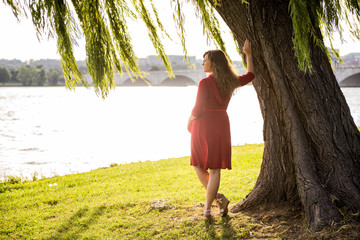 Woman with long hair in red dress leaning on willow tree by Potomac River