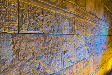 detail of hieroglyphs situated inside of the temple of debod in madrid