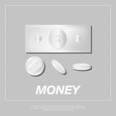 Silver coins and dollar on orange background.