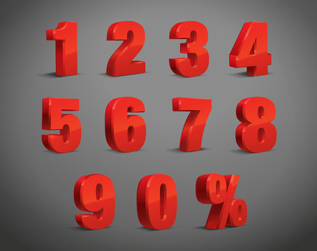 3D Red Metallic Letter. 0, 1, 2, 3, 4, 5, 6, 7, 8, 9 numeral alphabet. Vector Isolated Number.
