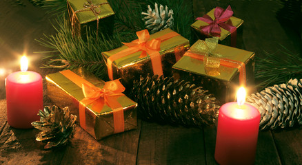 Christmas or New Year gifts on wooden background