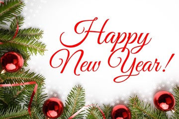 Christmas decorations on white background with message "Happy New Year!"