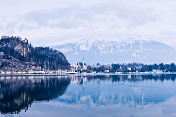 Lake Bled in winter atmosphere of slovenian Alps, Slovenia