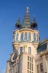 Fototapeta na wymiar Old art nouveau building with tower and clock, Batumi.Georgia
