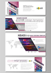 Social media and email headers set, modern banners. Business templates. Abstract design, layout in popular sizes. Glitched background, colorful pixel mosaic, digital style, trendy glitch backdrop.