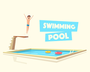 Man jumping. Swimming pool with a diving board. Cartoon Vector illustration