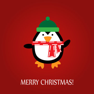 Christmas greeting card with penguinon a red background