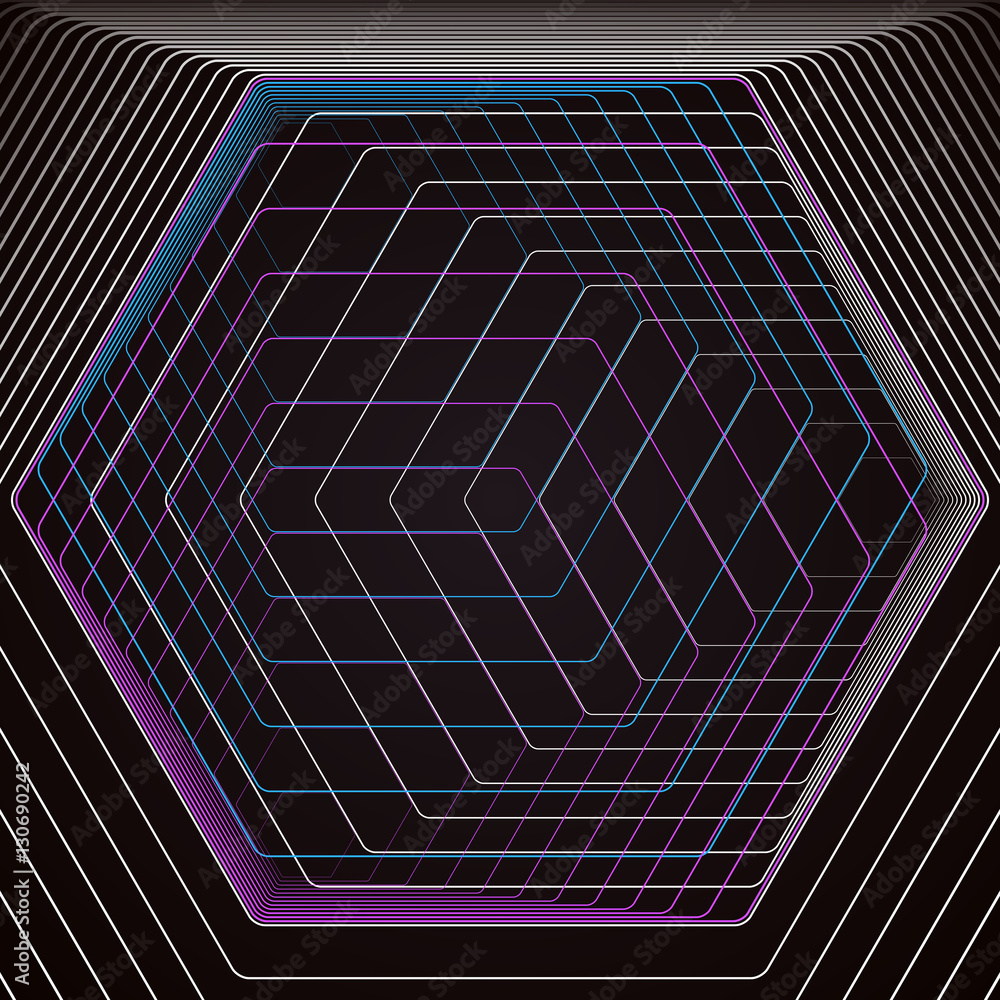 Poster abstract polygonal background with hexagons, illusion of depth and perspective. black color geometri