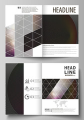 Business templates for bi fold brochure, flyer, booklet, report. Cover design template, vector layout in A4 size. Dark color triangles and colorful circles. Abstract polygonal style modern background.