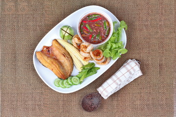Ready served Spicy shrimp paste dip as  Nam Prik Kapi.