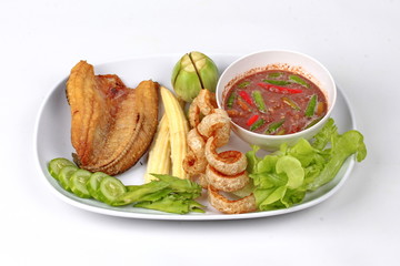 Ready served Spicy shrimp paste dip as  Nam Prik Kapi.