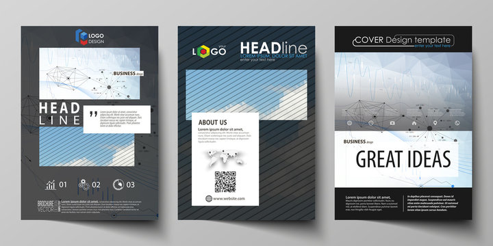 Business templates for brochure, flyer, annual report. Cover design template, vector layout in A4 size. Blue color abstract infographic background with lines, symbols, diagrams and other elements.