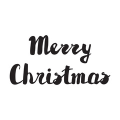 Handwritten phrase Merry Christmas Greeting Card with hand drawn lettering design. Vector illustration. Holidays Postcard