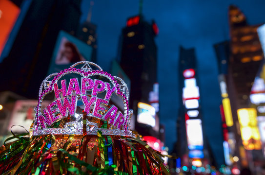 Happy New Year tiara crown celebrating the holiday with colorful decoration in Times Square, New York City
