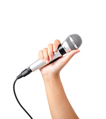 Female hand hold microphone isolated on white.