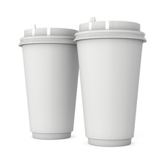 Disposable coffee cups. Blank paper mug with plastic cap. 3d render isolated on white background