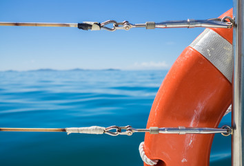 Orange Safety Flotation Device on the side of a boat