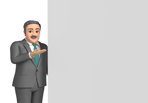 3D illustration character - A fat elderly businessman who illustrates by a white board.