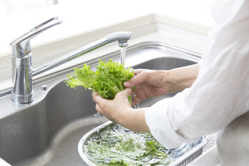 野菜を洗う女性