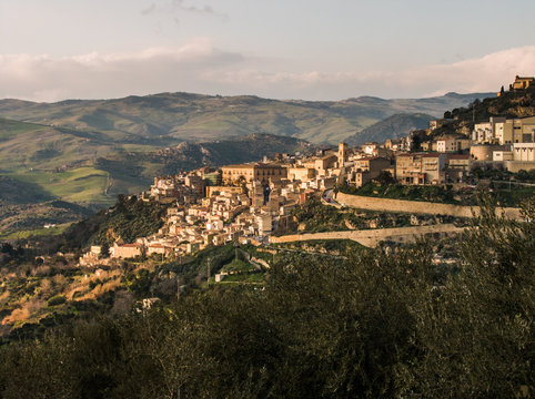 Leonforte at sunset in the mountains of Sicily