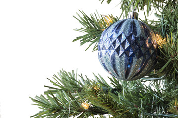 Side of Christmas Tree with Blue Ornament - Closeup