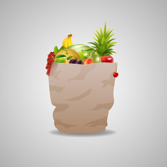 100 percent natural on a paper bag full of fresh fruits. Concept of diet. Vector