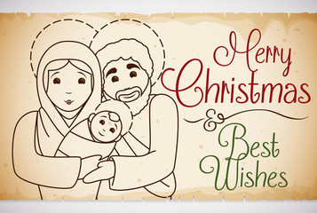 Holy Family in Hand Drawn Style in Scroll for Christmas, Vector Illustration