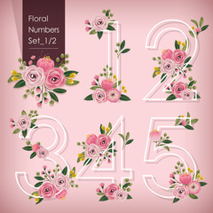 Vector illustration of floral numbers collection. A set of beautiful flowers and numbers for wedding invitations and birthday cards