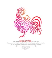 Happy New Year design with wishes. Rooster, symbol 2017 in Chinese calendar. Mandala with red cock. Vector illustration of 2017 year, Red Rooster.