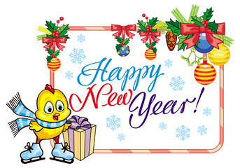 Holiday label with cute chicken and greeting text: