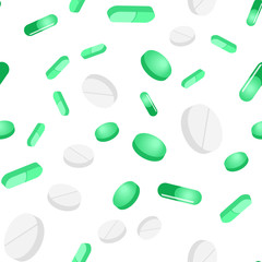 Vector seamless pattern green tablets and pills on a whitebackground