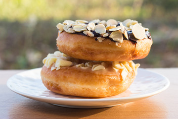 Stack donuts on wooden background