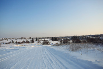 Winter landscape in the countryside forest snow field