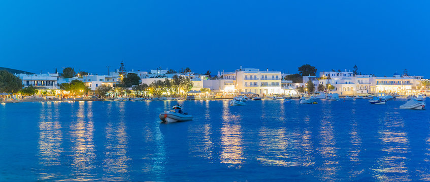 Alyki local village at Paros island in Greece at blue hour.
