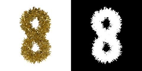 Number Eight Christmas Tinsel with Alpha Mask Channel for Clipping - 3D Illustration