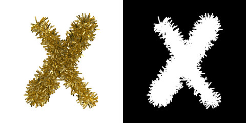 Letter X Christmas Tinsel with Alpha Mask Channel for Clipping - 3D Illustration