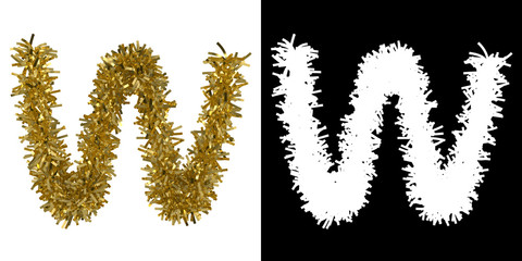 Letter W Christmas Tinsel with Alpha Mask Channel for Clipping - 3D Illustration