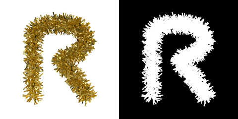Letter R Christmas Tinsel with Alpha Mask Channel for Clipping - 3D Illustration