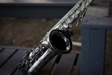 Silver Saxophone on Bench