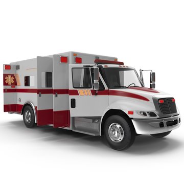 Emergency ambulance car with opened dors isolated on white. 3D Illustration
