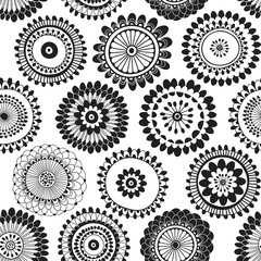 Seamless pattern with abstract doodle flowers. Black and white vector illustration.