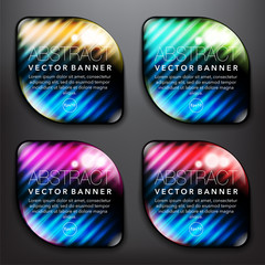 Abstract vector banner set of 4. Round glass stones with yellow, green, blue and violet design on the dark background. Each item contains space for own text. Vector illustration. Eps10.