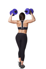 Fototapeta premium Athletic fitness woman helthy sport isolated white background black clothes with dumbbells