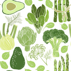 Seamless vector pattern  with artichoke, spinach, broccoli, fennel, avocado and asparagus. Black and white vector illustration.