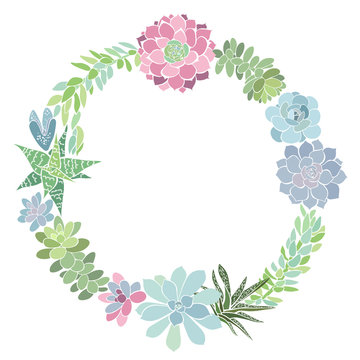 Round flower wreath with succulents. Vector illustration with space for text. May be an invitation, greeting card, or element your design.