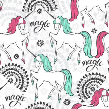 Fairytale seamless pattern with  unicorns. Cartoon vector illustration.